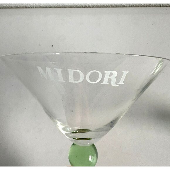 Midori Martini Glass Set of 2 Glasses Green Bubble Stem Melonball Logo - Picture 2 of 8